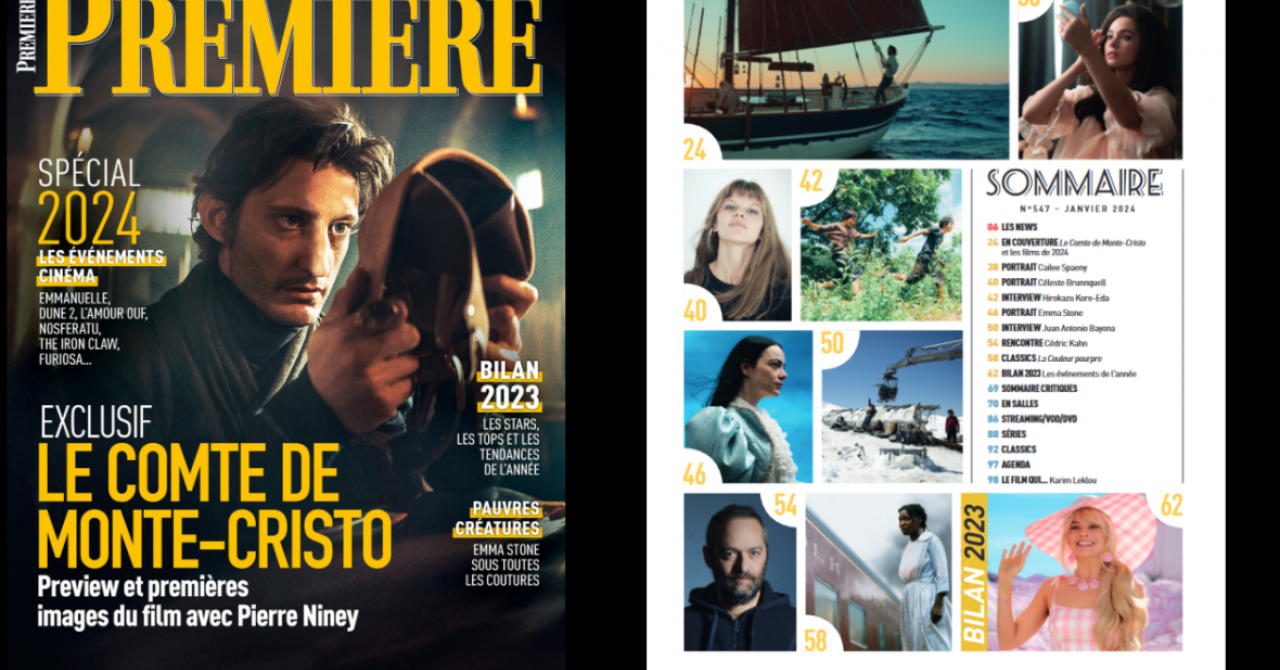 Summary of Premiere n°547 with Pierre Niney as Count of Monte Cristo, Emma Stone, the 2023 results, the films of 2024...